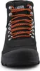 A close-up front view of a black winter boot with orange laces. Produktbild-Vorschau