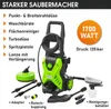 A pressure washer and its accessories are displayed on a white background with text overlays. Produktbild-Vorschau