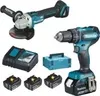 A collection of Makita power tools and accessories, including an angle grinder, a drill, batteries, a charger, and a storage case, arranged on a white background. Produktbild-Vorschau