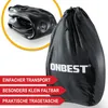 A product image showing a folded black air mattress inside a black drawstring bag, with text overlays highlighting features. Produktbild-Vorschau