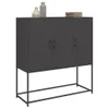 A dark gray highboard with three doors and a metal frame, standing on a white background. Two decorative vases and a stack of books are placed on top of the highboard. Produktbild-Vorschau