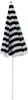 A closed beach umbrella with black and white stripes on a white background. Voir les images du produit