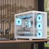 A white computer tower with blue LED lights sits on a wooden desk next to headphones and a mouse, with a blurred background of wooden blinds and greenery. Produktbild-Vorschau