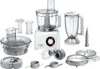 A collection of food processor attachments and the main unit are displayed against a white background. Produktbild-Vorschau