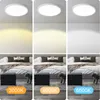 A collage showing a ceiling light in a bedroom setting with different color temperatures. Voir les images du produit