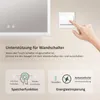 A hand is shown pressing a wall switch next to a mirror with LED lights. Below are feature descriptions for the mirror. Náhled obrázku produktu