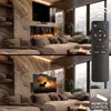 A split image showing a modern living room with a TV mounted above a fireplace, and a remote control in the foreground. The bottom half shows the TV displaying a horse. The overall aesthetic is luxurious and contemporary. Produktbild-Vorschau