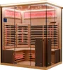 An indoor infrared sauna made of wood and glass, with internal red lighting. Produktbild-Vorschau