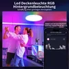 A couple dancing under a colorful LED ceiling light, with a smartphone displaying a music rhythm app in the foreground. Produktbild-Vorschau
