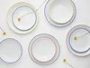 A top-down view of several white plates with colored rims, arranged on a white surface, with small dried flowers. Produktbild-Vorschau