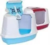 Two cat litter boxes are shown against a white background. The one in the foreground is blue and white, and the one in the background is red and white. Produktbild-Vorschau