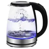 A glass electric kettle with water boiling inside, illuminated by blue LED lights at the base. Produktbild-Vorschau