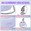 A collage of four images showcasing details of a handbag and a beauty device, with German text descriptions. Produktbild-Vorschau
