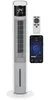 A white tower fan with a digital display, a remote control, and a smartphone showing a control app. Produktbild-Vorschau