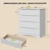 A white chest of drawers with a separate drawer shown, along with measurement labels and weight capacity. Náhled obrázku produktu