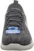 A close-up front view of a gray Skechers sneaker with a blue tag attached to the laces. Náhled obrázku produktu