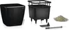 A black planter pot and its components are displayed against a white background. Náhled obrázku produktu
