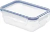 A clear, well-lit studio shot of a rectangular transparent food storage container with a blue lid. Produktbild-Vorschau