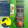 A lawnmower and its accessories are displayed on a grassy background, with product specifications listed. Produktbild-Vorschau