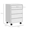 A white rolling cabinet with drawers, shown with dimensions indicated by text and lines. Voir les images du produit