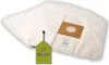 A stack of white vacuum cleaner bags with a green tag indicating the quantity. Produktbild-Vorschau