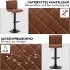 A collage showing a brown bar stool with diamond-stitched upholstery and a black base. It highlights features like scratch-resistant artificial leather and water repellency with close-ups and icons. Produktbild-Vorschau