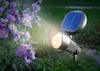A solar-powered spotlight illuminates purple flowers in a garden at dusk. Produktbild-Vorschau