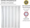 A white shower curtain with text and icons highlighting its hygienic properties. Náhľad obrázku produktu