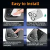 A collage of four images showing the steps to install a camera lens protector on a smartphone. Produktbild-Vorschau