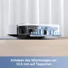 A close-up, cutaway view of a robot vacuum cleaner demonstrating its mopping function and its ability to lift the mop pad. Produktbild-Vorschau