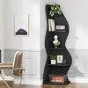 A modern black corner shelf unit with various items displayed on it, next to a chair in a room. Podgląd zdjęcia produktu