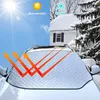 A car windshield cover is shown on a car's windshield, with a split background showing sunny weather on one side and snowy weather on the other. Orange arrows indicate reflection. Podgląd zdjęcia produktu
