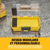 A yellow and clear plastic storage case for tools, with text overlays. Produktbild-Vorschau