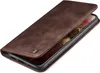 A brown leather flip case for a smartphone is shown from a diagonal angle. Produktbild-Vorschau