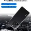 A clear phone case is shown on a dark, rocky surface, with text overlays highlighting its protective features. Produktbild-Vorschau