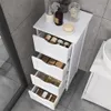 A white wooden nightstand with four drawers is shown in a bathroom setting. Produktbild-Vorschau