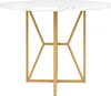 A round dining table with a marble-effect top and gold metal legs, shown from the front against a white background. Voir les images du produit