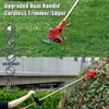 A split image showing a cordless trimmer/edger in use on grass and on a bush, with feature callouts. Produktbild-Vorschau