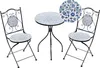 A black metal bistro set with blue and white mosaic tile accents on the table and chairs, set against a white background. Náhled obrázku produktu
