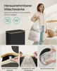 A woman is carrying a laundry bag, and there are close-up shots of the laundry basket's features. Produktbild-Vorschau