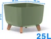 A green planter pot with wooden legs is shown against a white background, with dimensions and capacity indicated by text overlays. Voir les images du produit
