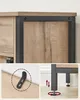 Collage showing close-ups of a wooden furniture piece with black metal accents. Includes details of a wall anchor, and adjustable feet. Náhled obrázku produktu