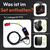 A collage of images showing the contents of an EV charging kit, with German text describing each item. Produktbild-Vorschau