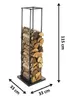 A tall, black metal firewood rack filled with logs, shown against a white background with dimension labels. Produktbild-Vorschau