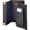 A black solar power bank with a built-in flashlight is shown unfolded, revealing its solar panels and the device itself. Produktbild-Vorschau