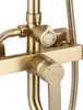A close-up shot of a gold-colored shower faucet with various controls and a flexible hose. Produktbild-Vorschau