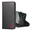 A black leather phone case with red stitching and a red bull logo is shown open, with a smartphone inside. Anteprima dell’immagine prodotto
