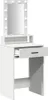 A white vanity table with a mirror and lights. Voir les images du produit
