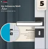 A close-up marketing image of a black and white door handle set, with text highlighting its features and warranty. Produktbild-Vorschau