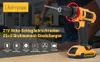 A person is using a cordless drill in a workshop setting, with product features highlighted by text and icons. Produktbild-Vorschau